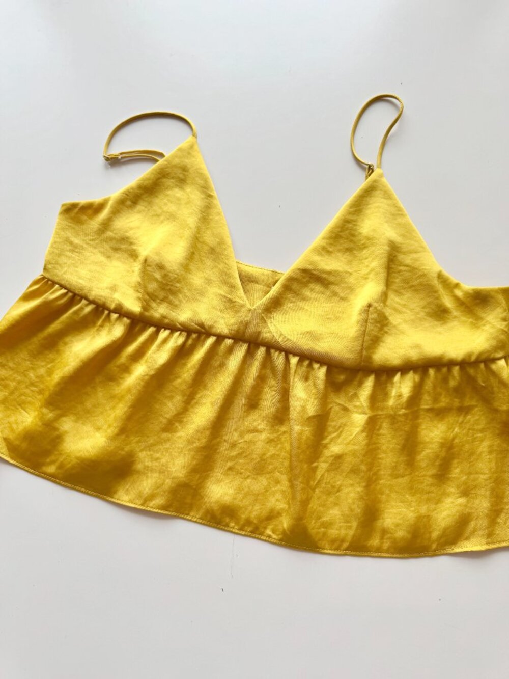 Aritzia LITTLE MOON Lover Gold Yellow Satin Cropped Peplum Tank Top, Size S - Picture 7 of 16